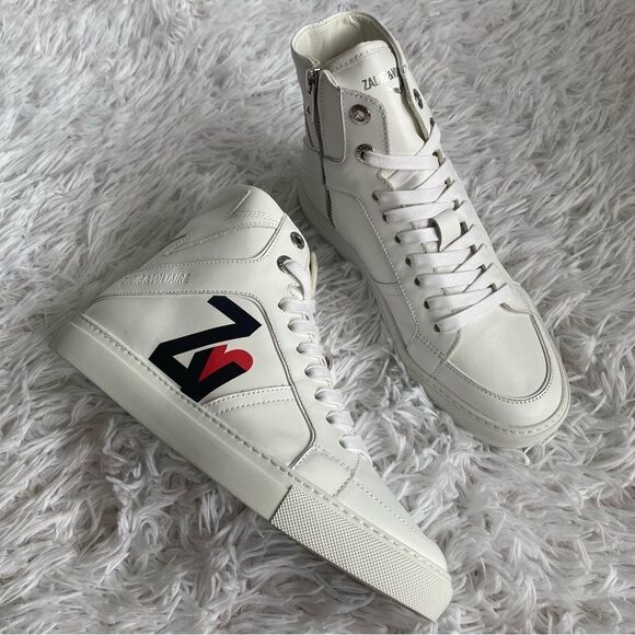 New in Box Zadig & Voltaire ZV1747 High Flash White Leather Sneakers Size 38 - Picture 1 of 12